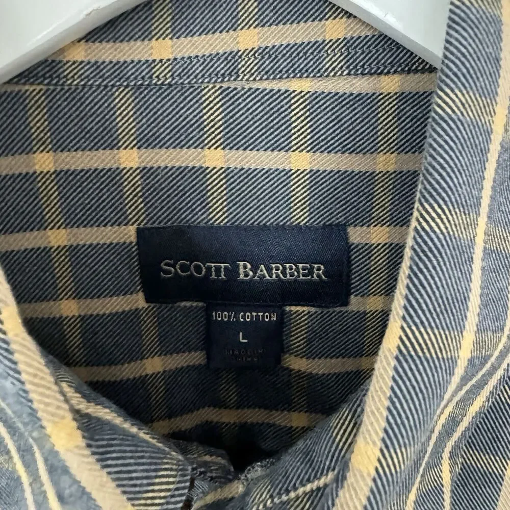 SCOTT BARBER Men's Button Down Shirt Gray Brushed Plaid Long Sleeve Pocket L